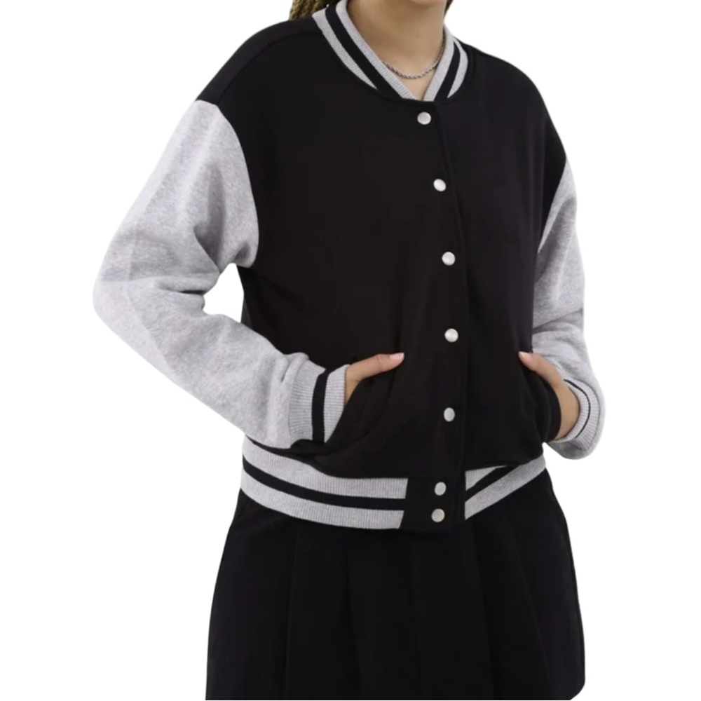 No Boundaries Women’s Black Gray Cotton Varsity Jacket Size Medium EUC‎ 90s Y2K